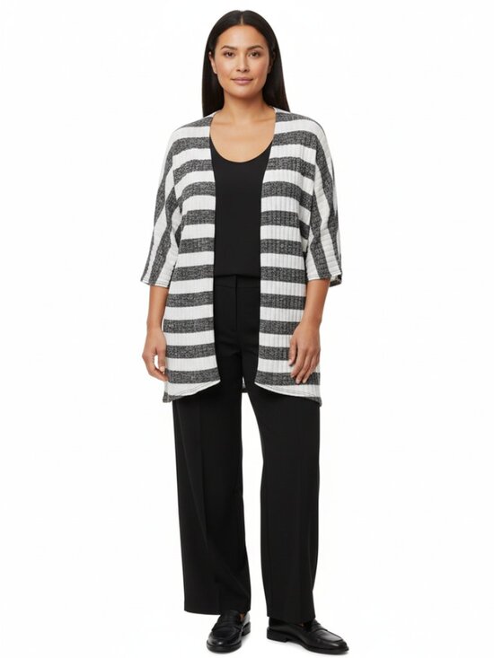 LuLaRoe Sweaters - LulaRoe Lindsay Kimono Cardigan Womens M Stretchy Ribbed Grey/Black Stripe Hi-Lo